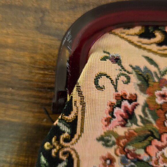 Vintage Floral Needlepoint Clutch Purse With Maroon Frame & Kiss Lock Closure - Picture 3 of 8
